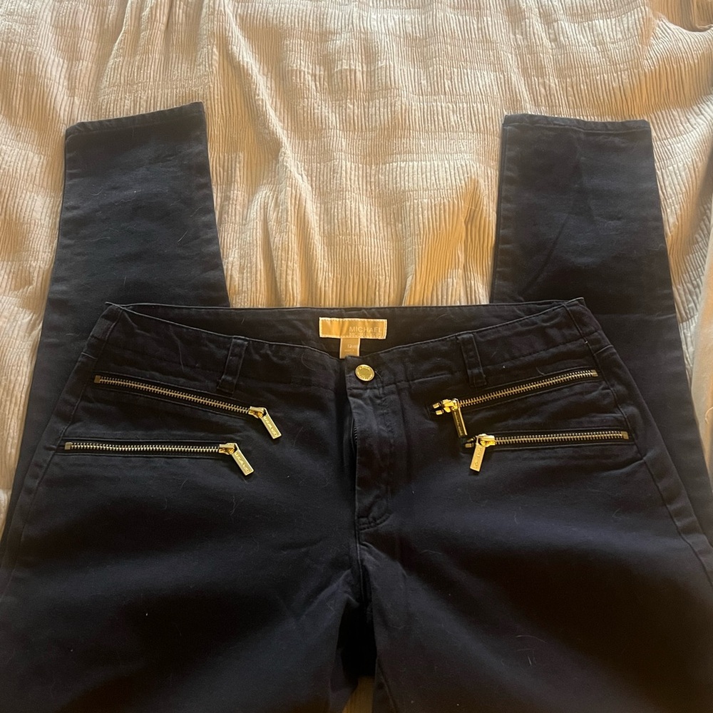 Michael Kors Navy Skinny Jeans with Gold Zipper Details